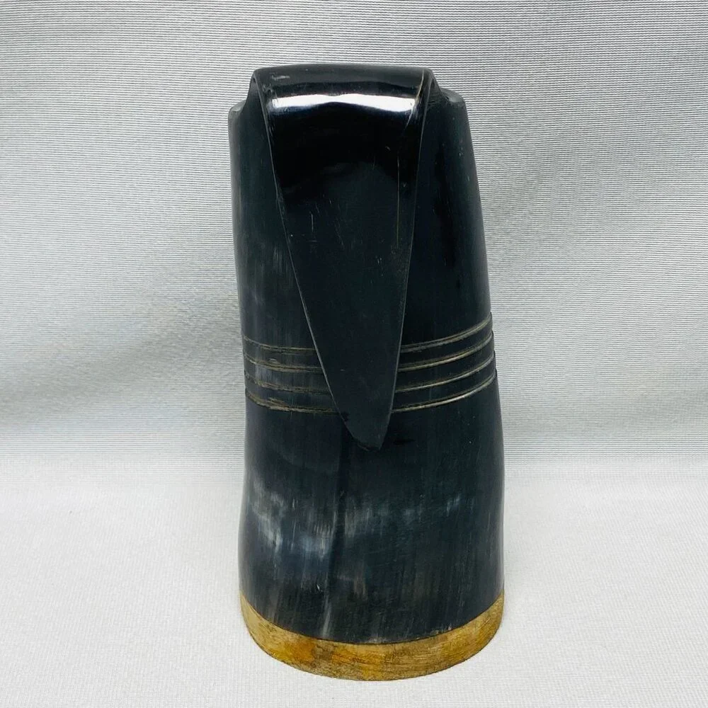 Vintage Black Horn Tankard Beer Drinking Mug With Handle & Wooden Base